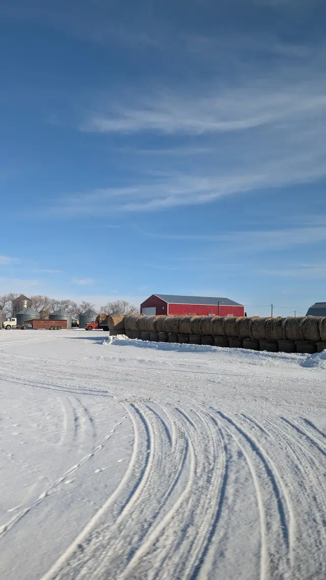 Winter farmyard with hay bales and grain bins